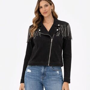 Free the Roses Size Small Black & Silver Metallic Fringe Jean Jacket